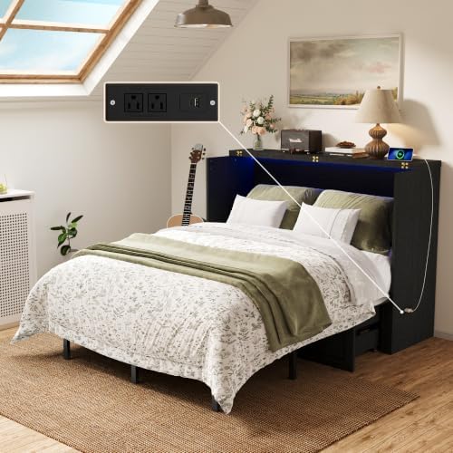 Full Murphy Bed with Hidden Storage, Farmhouse Cabinet Bed with Storage Drawer, RGB LED Lights & Charging Station, Space-Saving Wall Bed with 6 Metal Legs, Black