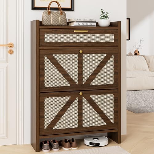 Walnut Rattan Shoe Storage Cabinet