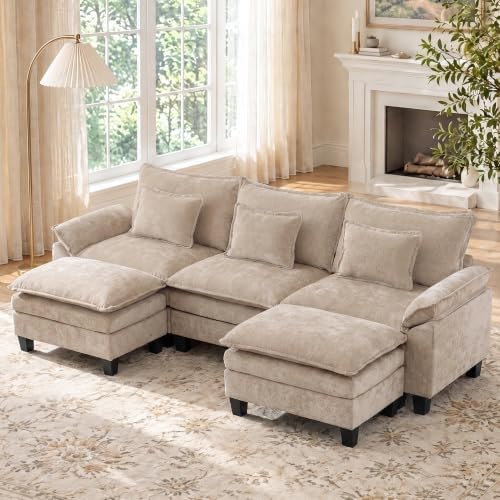 IPKIG 117" Modular Sectional Cloud Couch, U-Shaped Sofa with Ottoman, Khaki