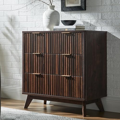 T4TREAM 32" Fluted 3 Drawer Dresser for Bedroom, Dark Walnut