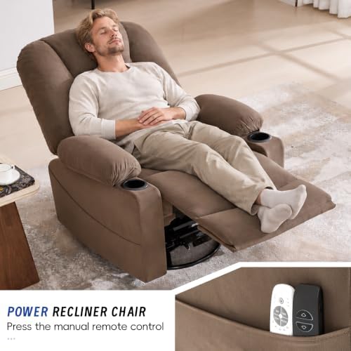 Power Swivel Rocker Recliner Chair for Adults, Electric Rocking Recliner with Massage and Heat for Living Room Bedroom, Fabric Reclining Sofa Chair with USB and Type-C Ports,Brown