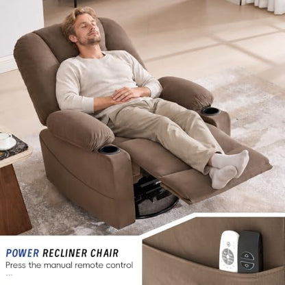 Power Swivel Rocker Recliner Chair for Adults, Electric Rocking Recliner with Massage and Heat for Living Room Bedroom, Fabric Reclining Sofa Chair with USB and Type-C Ports,Brown