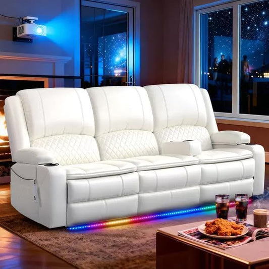 Power Loveseat Recliner Sofa, Removable Armrest 3 Seats Power Reclining Loveseat with Remote Liftable Console, Wall Hugger RV Theater Seating with Storage & USB & RGB (PU, White)