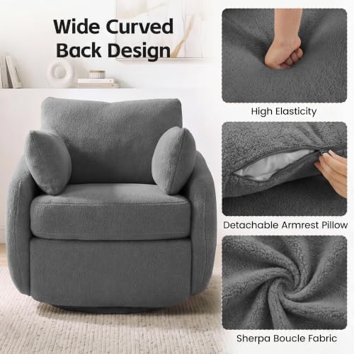 360° Sherpa Swivel Accent Chair, Modern Barrel Living Room Chair, Grey