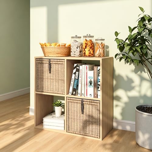 4 Cube Shelf with Anti-Tipping Kits, Reversible Open Back Bookcase, Multi Layer and Multi Grid Partition Layout (Oak 11in)