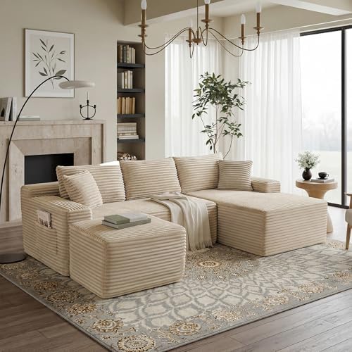 Camel Oversized Sectional Boneless Couches with Ottoman. Right Face Chaise