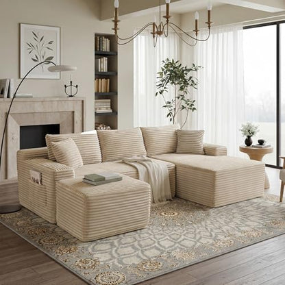 Camel Oversized Sectional Boneless Couches with Ottoman. Right Face Chaise