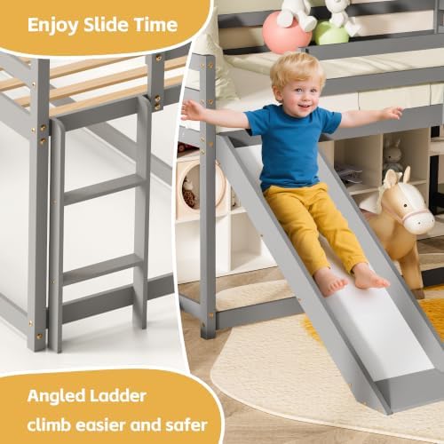 Low Bunk Bed with Slide, Floor Loft Bed with Climbing Ladder, Wood Twin Bunk Bed Frame with Full Guardrails & Storage Space for Kids Toddler