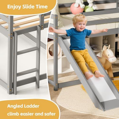 Low Bunk Bed with Slide, Floor Loft Bed with Climbing Ladder, Wood Twin Bunk Bed Frame with Full Guardrails & Storage Space for Kids Toddler