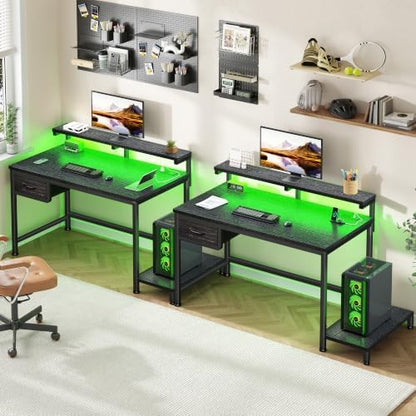 DurayLoly 32" Gaming Desk with Power Outlet and LED Lights,Bedroom,Black