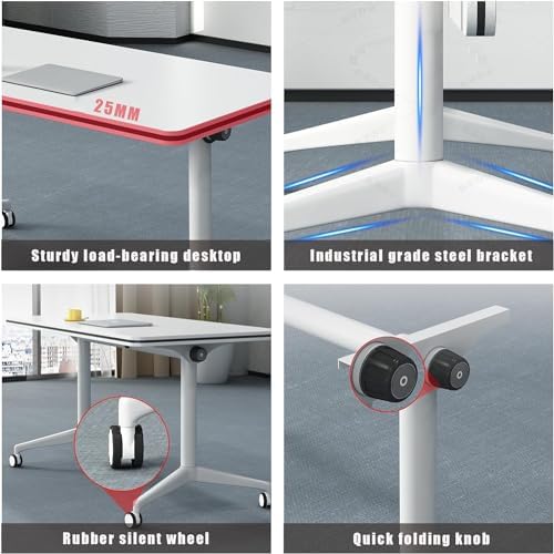 Conference Table, Folding Conference Room Tables on Wheels, Modern Meeting Seminar Table Computer Desk, Boardroom Desk for Office Meeting Conference Room,White,8 Pack 63inch