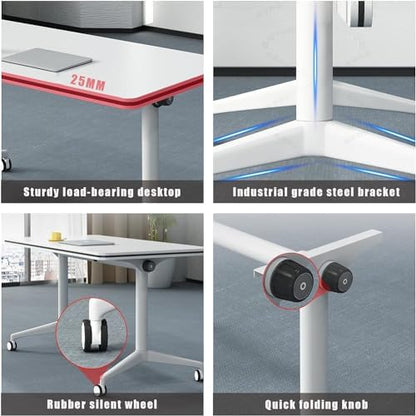 Conference Table, Folding Conference Room Tables on Wheels, Modern Meeting Seminar Table Computer Desk, Boardroom Desk for Office Meeting Conference Room,White,8 Pack 63inch