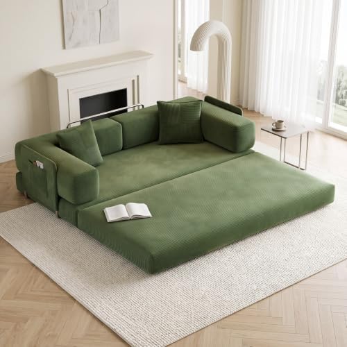 Green Corduroy Convertible Sofa Bed, No Assembly, Removable Backrest & Arms