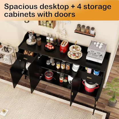 Black Sideboard Buffet Cabinet with Storage, 63" Fluted Sideboard