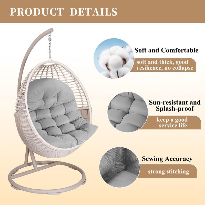 Thicken Egg Chair Cushion Replacement, Outdoor Hammock Swing Cushions with Ties, Hanging Wicker Basket Seat Pad with High Elasticity PP Cotton, for Garden Patio Porch Furniture (Only Cushion)