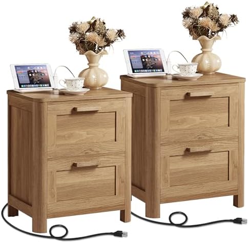 Joaxswe Farmhouse Nightstand Set of 2 with Charging Station, Brown