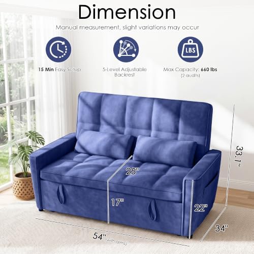 54'' Sleeper Sofa Bed, Convertible Pull Out Couch with Adjustable Backrest, Side Pockets & 2 Lumbar Pillows, Velvet Fabric Loveseat for Living Room, Apartment & Small Spaces (Blue)