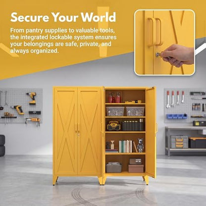 61" Metal Pantry Cabinet with Lock and 3-Tier Adjustable Shelves, Freestanding Heavy Duty Storage Cabinet Locker for Kitchen, Home Office, Garage Yellow