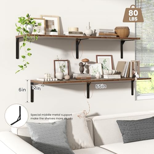 Rustic Brown 12 Inch Deep Floating Shelves Set of 2, Wall Mounted Shelf with Metal Brackets, Rustic Wood Wall Shelf for Bathroom, Kitchen and Living Room, Rustic Brown, 55W x 12D