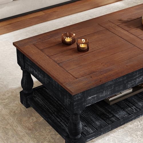 47" Farmhouse Lift Top Coffee Table with Storage, Solid Wood + MDF Center Table with Walnut Brown Top & Antique Black Base, Rustic Two-Tier Rectangular Coffee Table for Living Room