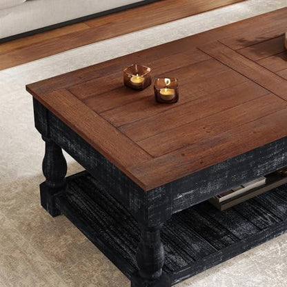 47" Farmhouse Lift Top Coffee Table with Storage, Solid Wood + MDF Center Table with Walnut Brown Top & Antique Black Base, Rustic Two-Tier Rectangular Coffee Table for Living Room