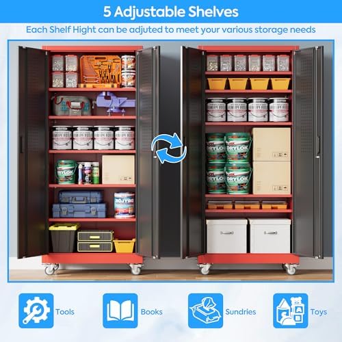 Reemoon 71"H Metal Garage Storage Cabinet,Tool Cabinet with Wheels,Pegboard