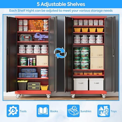 Reemoon 71"H Metal Garage Storage Cabinet,Tool Cabinet with Wheels,Pegboard