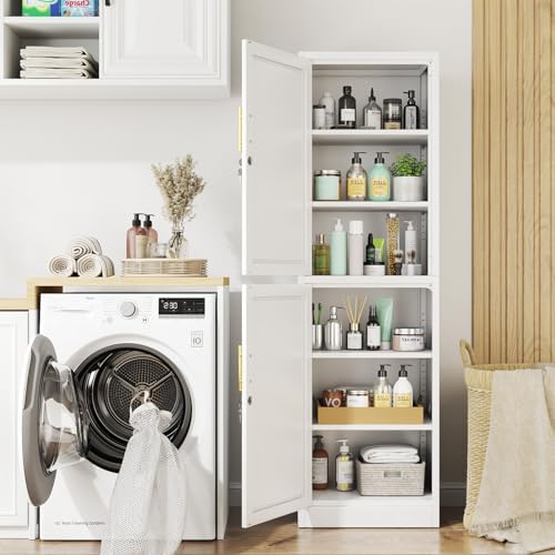 67" Tall Narrow Metal Storage Cabinet with Lock, Locking File Cabinet with 4 Adjustable Shelves and 2 Doors, Steel Locker Cabinets for Bathroom, Kitchen, Home Office, School(White)