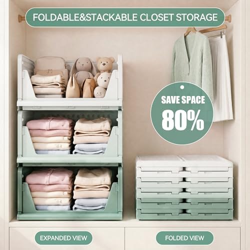 Green Boy Closet Organizers and Storage Stackable Plastic Drawer Basket for Clothing Stackable Storage Bins Shelf Storage Container for Rv Closet Wardrobe Bedroom Bathroom Playroom Man 6 Pack