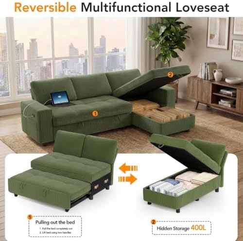 WEUP Plush Corduroy 81" Sectional Sofa with Pull Out Bed, 3 Seat Sleeper Sofa with Storage, Adjustable Backrest, USB Ports, Tool-Free Assembly, Sectional Couches for Living Room, Green