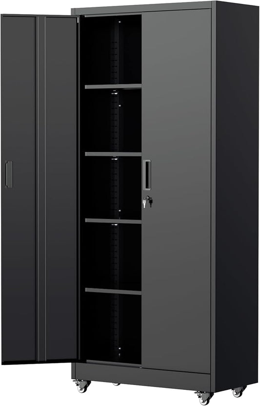 Bonusall 73" Metal Garage Storage Cabinet,Heavy-Duty Rolling Storage Cabinet with Wheels,Assembly Required,Locking Steel Cabinets for Home Office,Warehouse or Workshop-Black