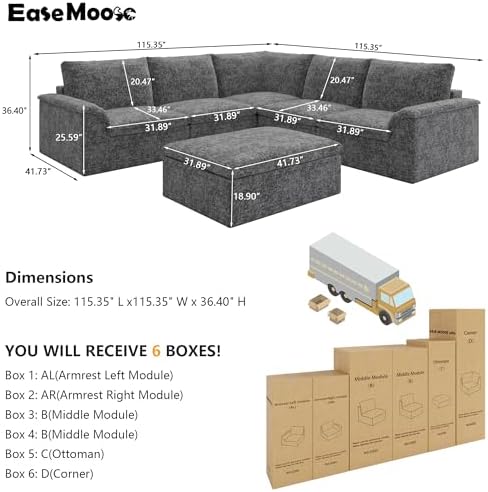 EASE MOOSE 115" Modular Sectional Sofa, Boneless Couches for Living Room
