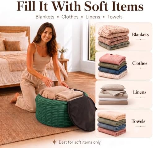 Round Pouf Ottoman Cover Only, Dark Green, 24"x14", Corduroy Storage Cover