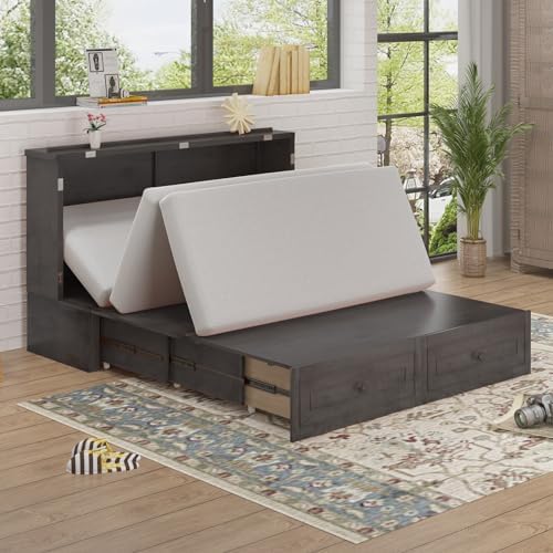 BALUS Queen Size Murphy Bed Cabinet with Tri-fold Memory Foam Mattress and USB Charging Station, Cabinet Murphy Beds with Storage Drawer, Guest Wall Bed for Living Room Home Office, Grey