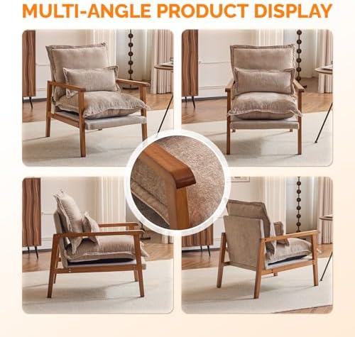 VINGLI Mid-Century Modern Cloud Accent Armchair with Lumbar Pillow, 6.3'' Thick Seat Cushion Comfortable Reading Chair with Wooden Armrests，Boho Lounge Chair for Bedroom, Living Room, Chenille, Khaki