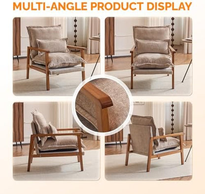 VINGLI Mid-Century Modern Cloud Accent Armchair with Lumbar Pillow, 6.3'' Thick Seat Cushion Comfortable Reading Chair with Wooden Armrests，Boho Lounge Chair for Bedroom, Living Room, Chenille, Khaki