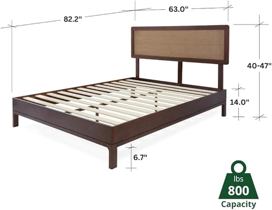 Bme Nipe Queen 14 Inch Bohemian Bed Frame with Adjustable Woven Headboard - Rustic & Vintage Unique Style with Acacia Wood - No Box Spring Needed - Easy Assembly - Walnut