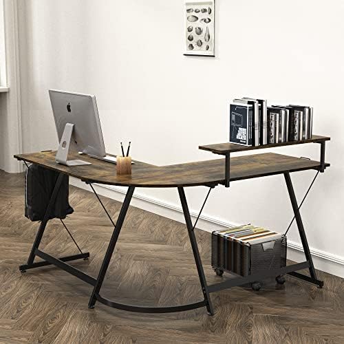 SHW 51 x 51 L-Shaped Corner Desk w/Monitor Stand and Drawer, Rustic Brown