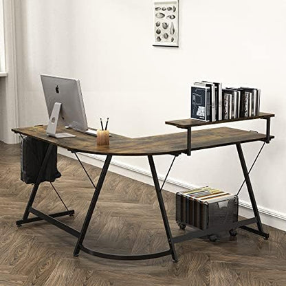 SHW 51 x 51 L-Shaped Corner Desk w/Monitor Stand and Drawer, Rustic Brown