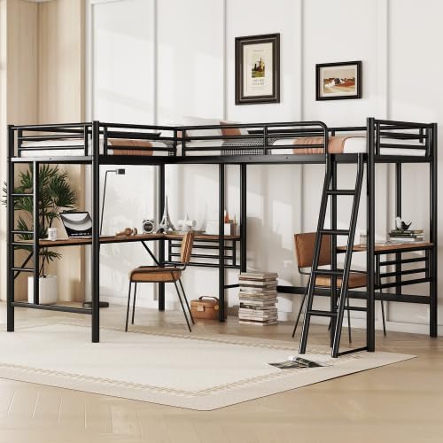 Twin Size Metal Loft Bed with Built-in Desk and Safety Guardrails, Black