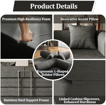 59'' Convertible Compressed Corduroy Folding Sofa Bed, Modern Boneless Pull Out Loveseat Sleeper in a Box, 4 in 1 Floor Mattress Futon Cloud Couch for Home, No Assembly Needed, Grey, 2 Pillows, Queen