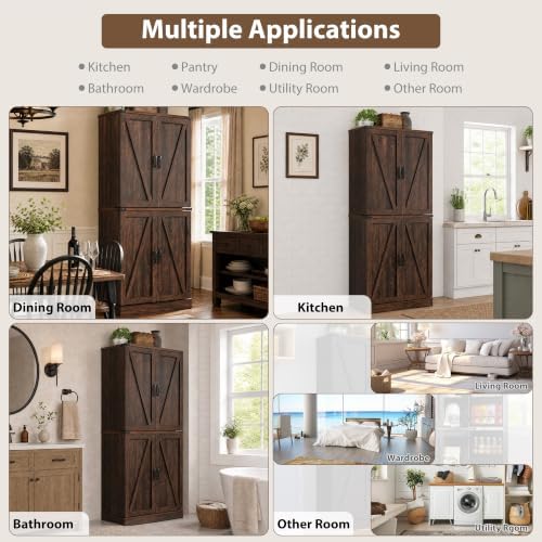 71" Tall Kitchen Pantry Cabinet, Farmhouse Tall Kitchen Storage Cabinet with Adjustable Shelves & 4 Barn Style Doors, Wooden Storage Cabinet for Kitchen, Dining Room, Living Room, Bathroom, Office