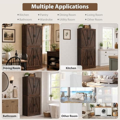 71" Tall Kitchen Pantry Cabinet, Farmhouse Tall Kitchen Storage Cabinet with Adjustable Shelves & 4 Barn Style Doors, Wooden Storage Cabinet for Kitchen, Dining Room, Living Room, Bathroom, Office