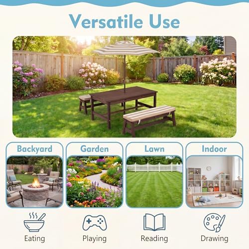 KOTEK Kids Picnic Table with Umbrella, Wooden Toddler Outdoor Table with Benches & Cushions, 42" x 23" Large Tabletop, Kids Backyard Furniture for Patio Garden Lawn (Coffee)