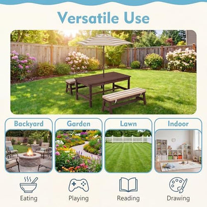 KOTEK Kids Picnic Table with Umbrella, Wooden Toddler Outdoor Table with Benches & Cushions, 42" x 23" Large Tabletop, Kids Backyard Furniture for Patio Garden Lawn (Coffee)