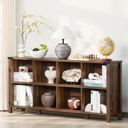 Joaxswe 8 Cube Book Shelf, Farmhouse Wood Long Storage Organizer Bookcase, 62" Horizontal Brown Walnut Console Closet Bookshelf, Hallway TV Stand for Entryway, Display Cabinet Book Case for Office