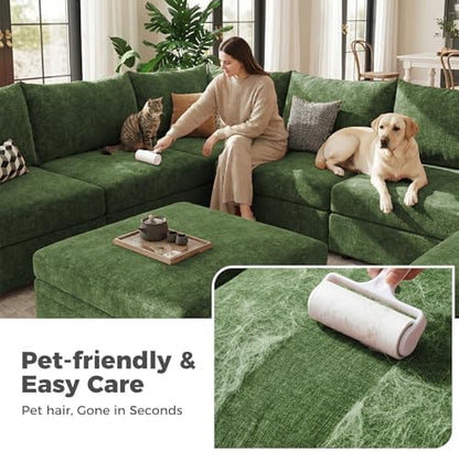 ABCASA 134.6" U Shaped Modular Sectional Couch with Washable Chenille Cover, 6 Seater Deep Seat Sofa with Storage Ottoman & Reversible Chaise for Living Room, Pet-Friendly, Green