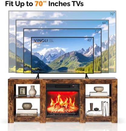 VINGLI Fireplace TV Stand for up to 70 inch TVs, Farmhouse Entertainment Center with Electric Fireplace Heater & Adjustable Shelves, Fireplace Media Console Table for Living Room, Rustic Brown