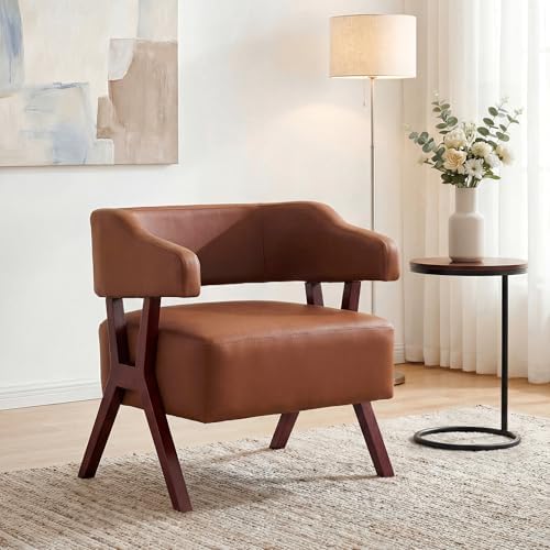 STHOUYN Faux Leather Barrel Accent Chair with Solid Wood Frame (Brown,1)