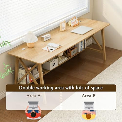 NELYE Extra Long Writing Desk with Bookshelf, 71" Wx24 Dx30 H, Oak